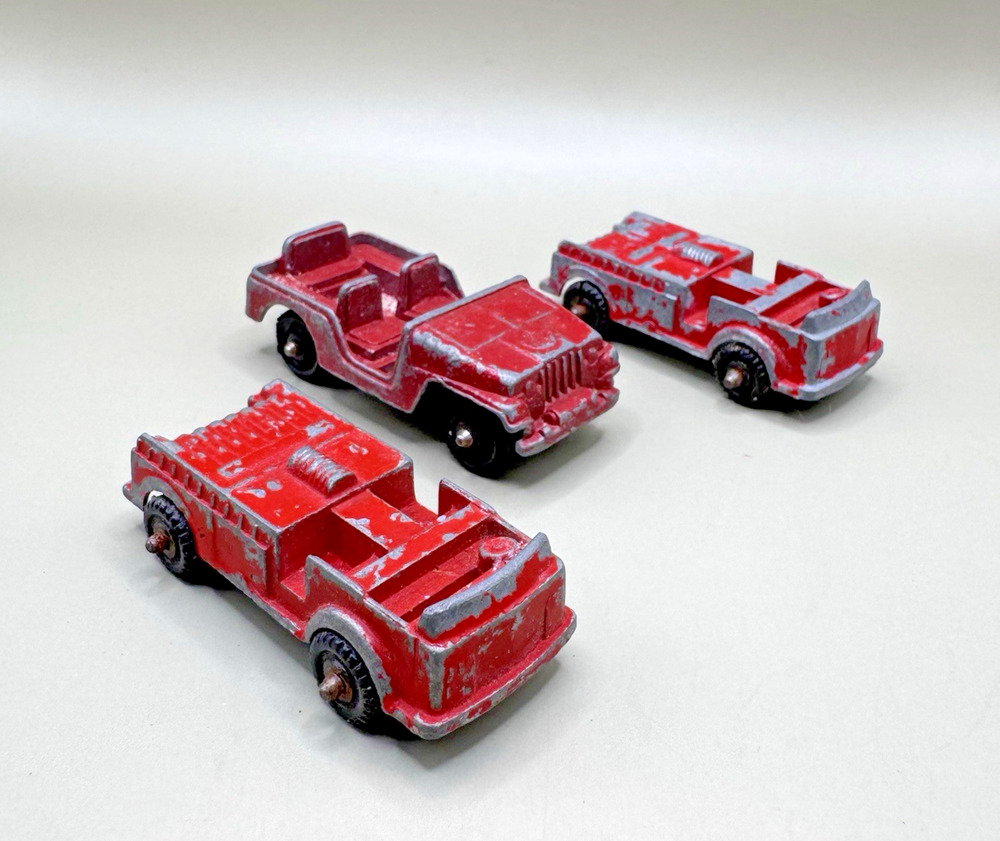 Vintage 1960s Midgetoy Firetruck Tootsie Red Jeep Diecast Toy Cars Lot of 3
